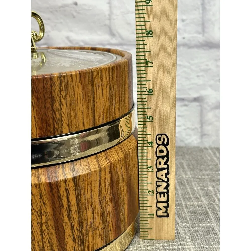 Vintage‎ Ice Bucket Faux Wood Insulated Barware Goldtone Banded Handle Pail